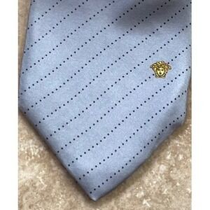Gianni Versace Tie 100% Silk Italy Blue Gray Gold Medusa Logo Vintage Mens
